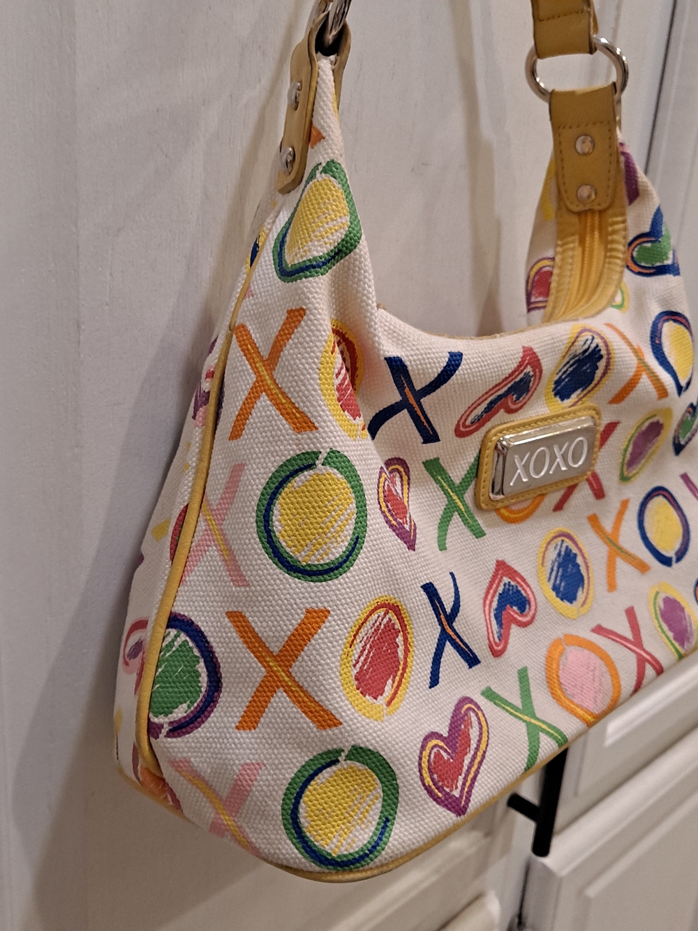 Y2K Vintage XOXO Multicolor Hearts XO Canvas Shoulder Bag Yellow Trim Grafitti - Picture 4 of 13
